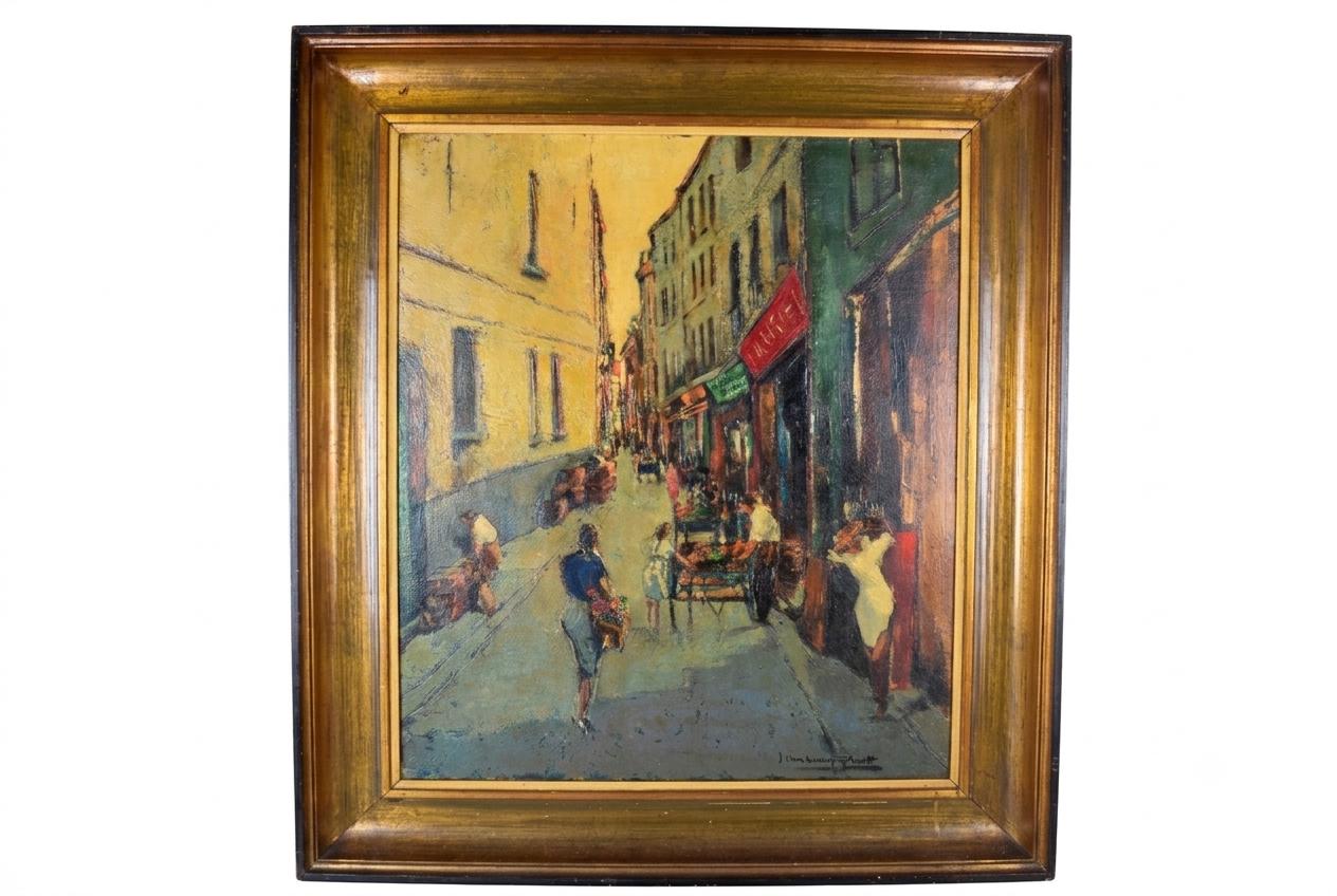 Signed Oil on Canvas, Parisian Street Scene — Rue Quincampoix, Impressionist Style, 1950s