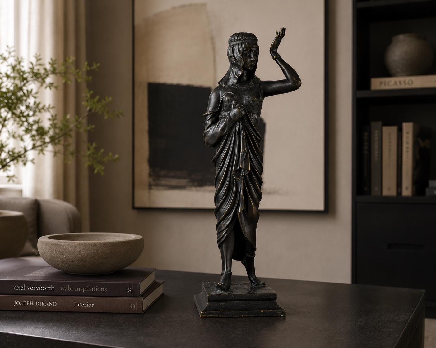 Large Patinated Bronze or Spelter Sculpture, Egyptian-Style Female Figure, 1920s