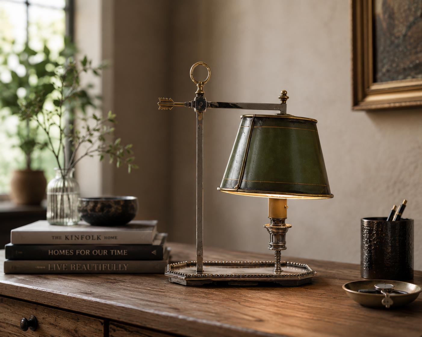 Single-Arm Bouillotte Desk Lamp, Silvered Metal with Arrow Locking Mechanism, Olive Tole Shade, 1950s