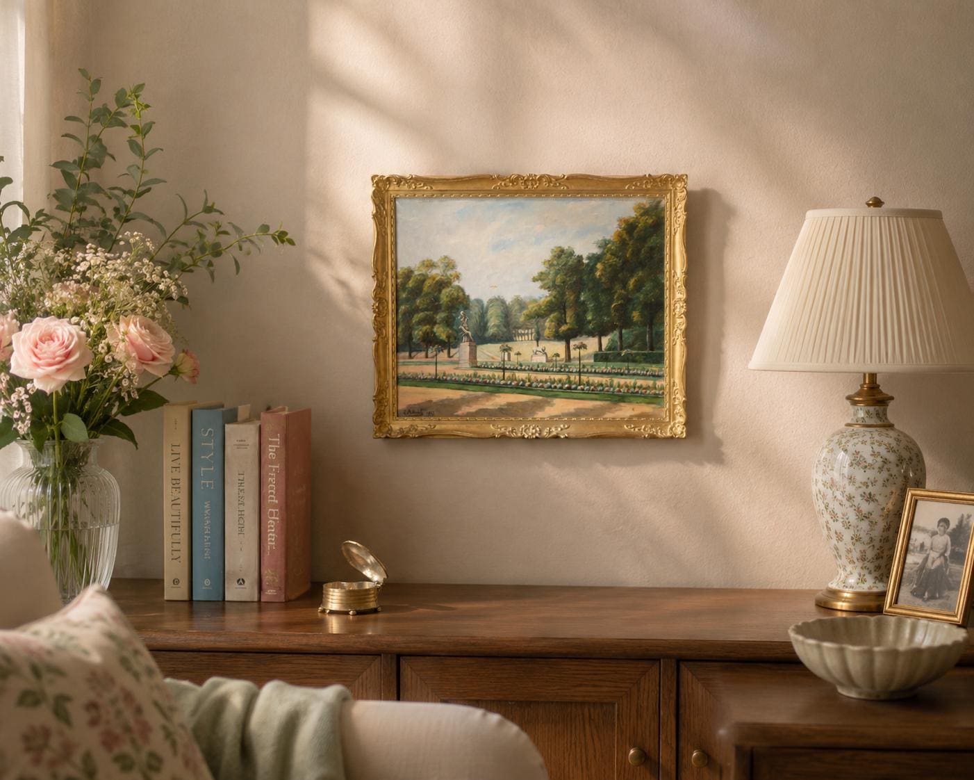 Antique French Garden Landscape Oil Painting, Signed E. Robinet 1935 — Gilt Framed
