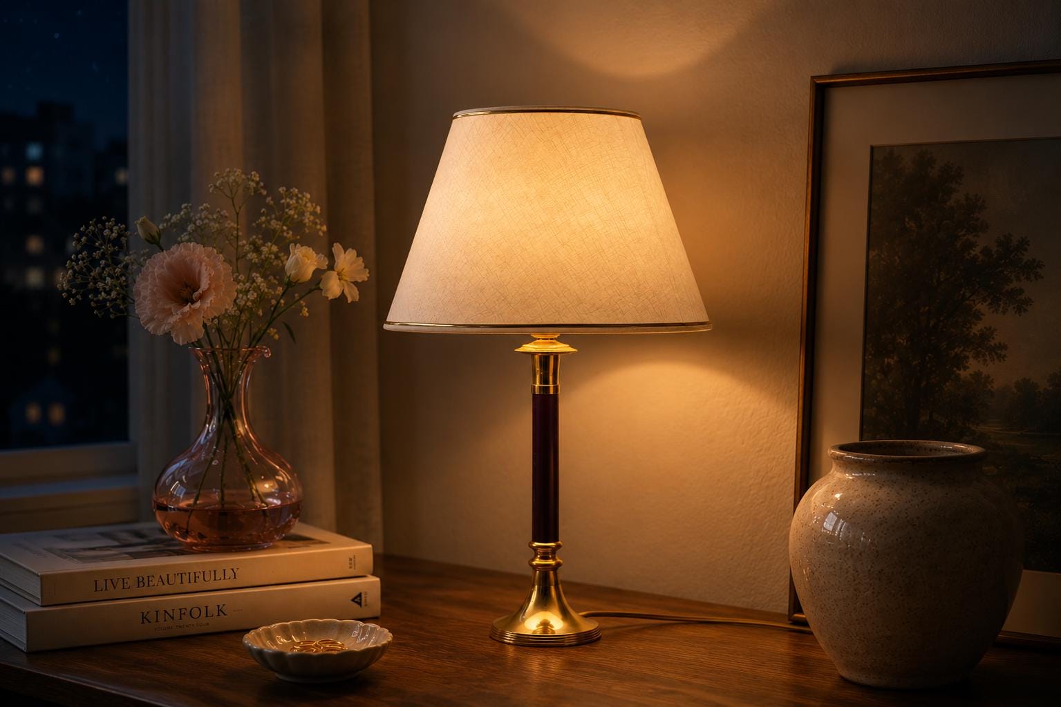 Vintage Brass Table Lamp, Burgundy Column, White Shade with Gold Trim, Hollywood Regency Style, 1980s