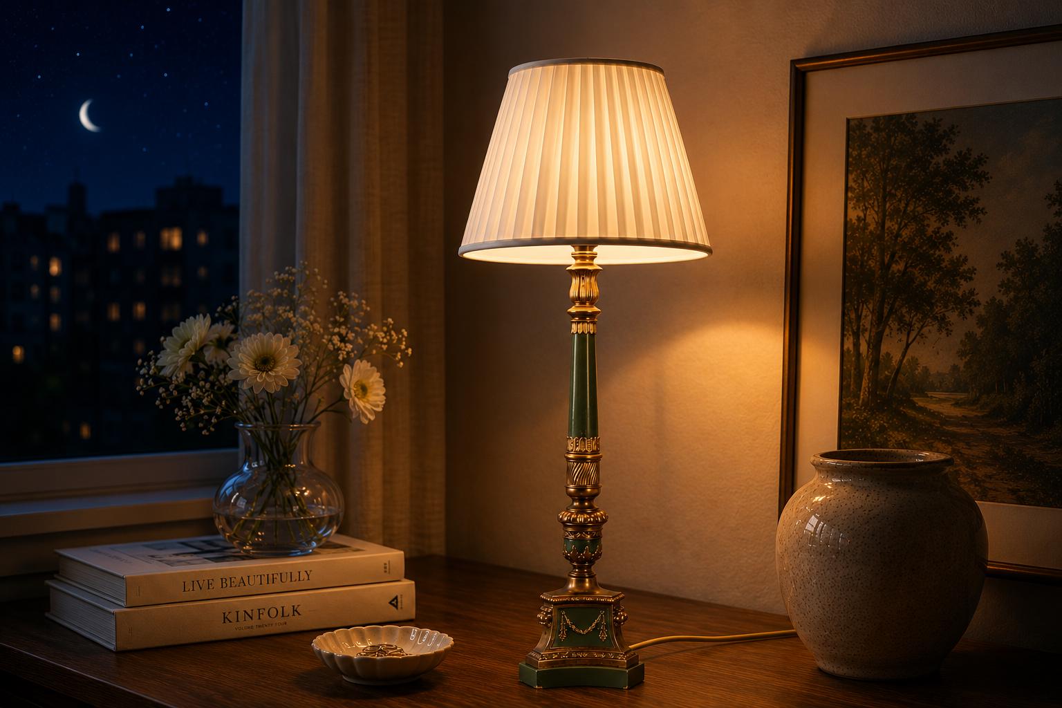 Vintage Brass-Toned Table Lamp, Louis XVI Style, Green Column with Pleated Shade, 1950s