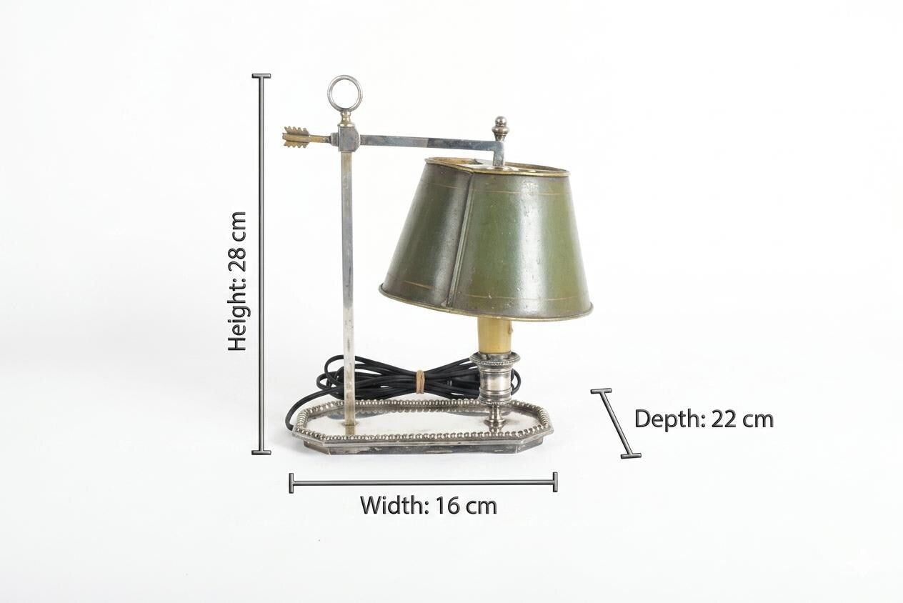 Single-Arm Bouillotte Desk Lamp, Silvered Metal with Arrow Locking Mechanism, Olive Tole Shade, 1950s