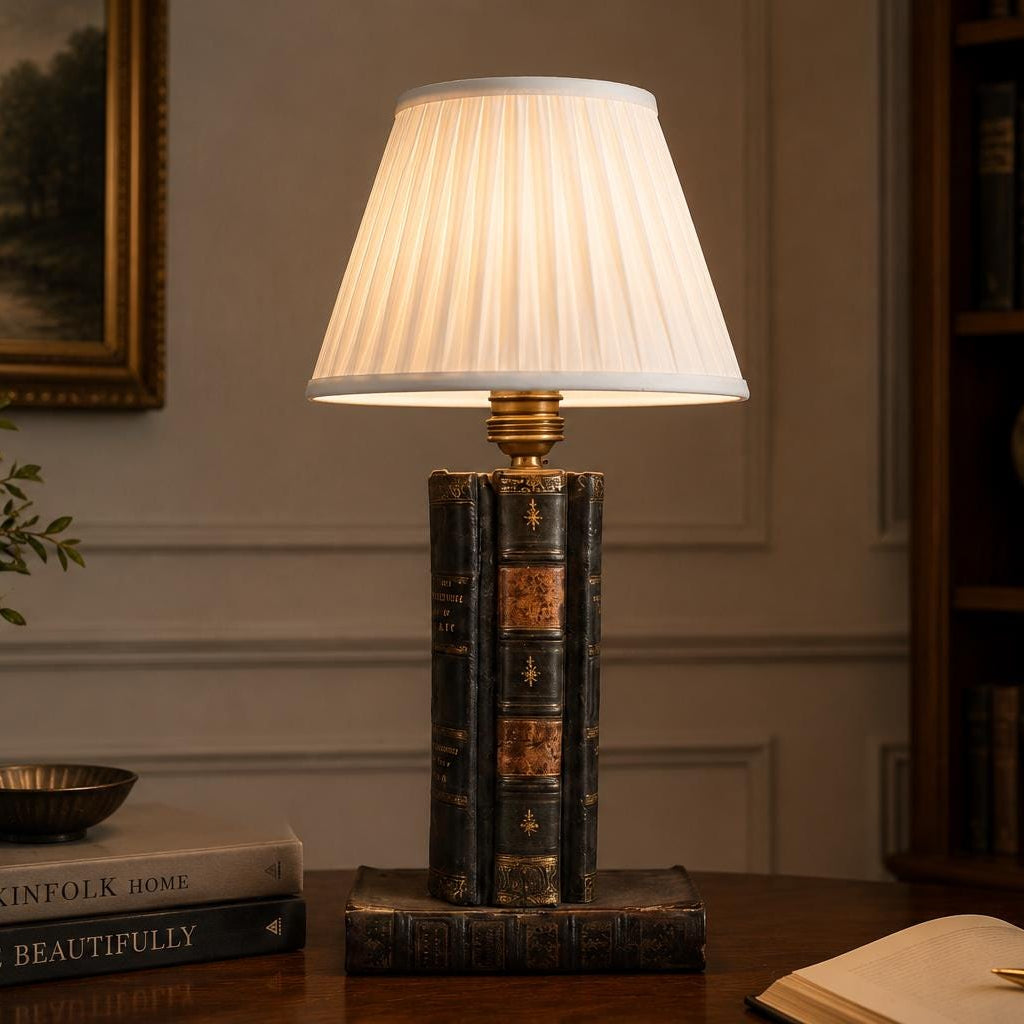 Antique Leather Book Stack Table Lamp — Gilt-Tooled Bindings, Library Accent