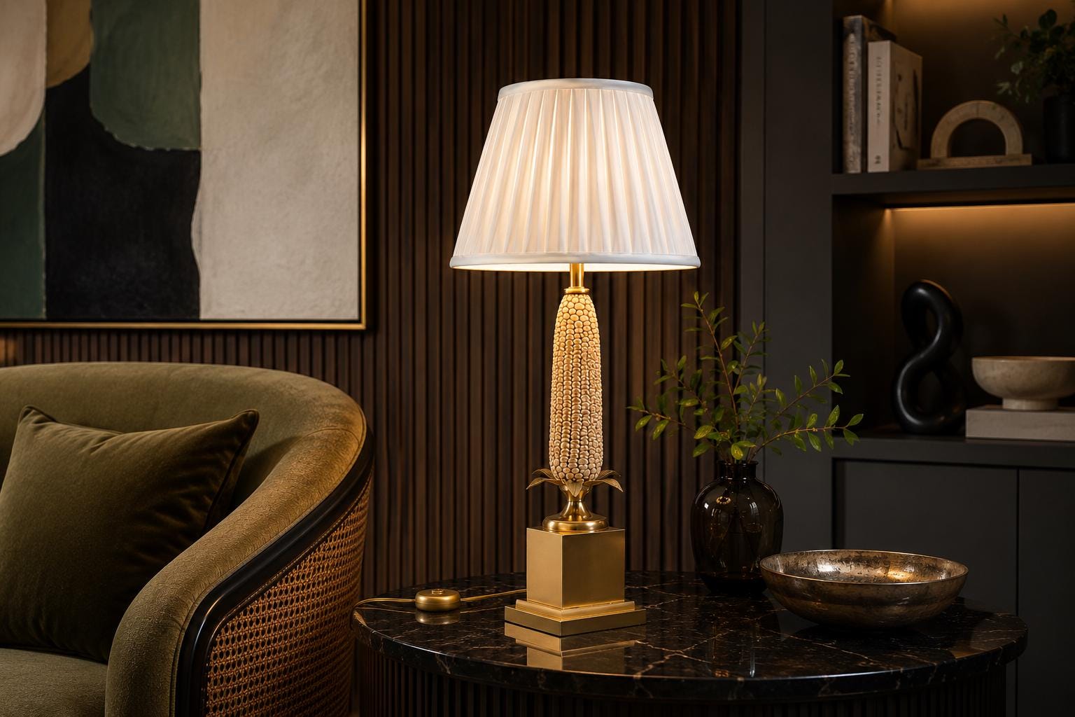 Mid-Century Brass Corn Table Lamp with Pleated Shade, 1970s