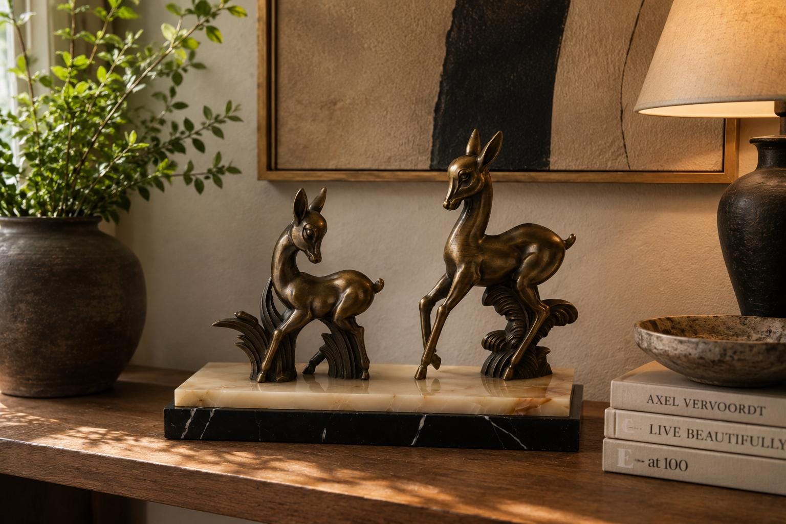 Art Deco Zalmac Deer Pair, Marble Base — French Style, Circa 1920s–1940s