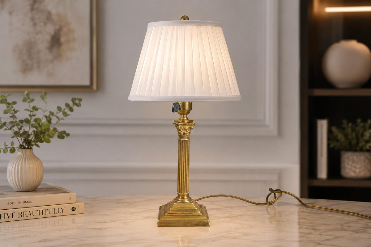 Vintage Patinated Brass Desk Lamp Base, Fluted Column, Corinthian Capital, No Shade, 1950s