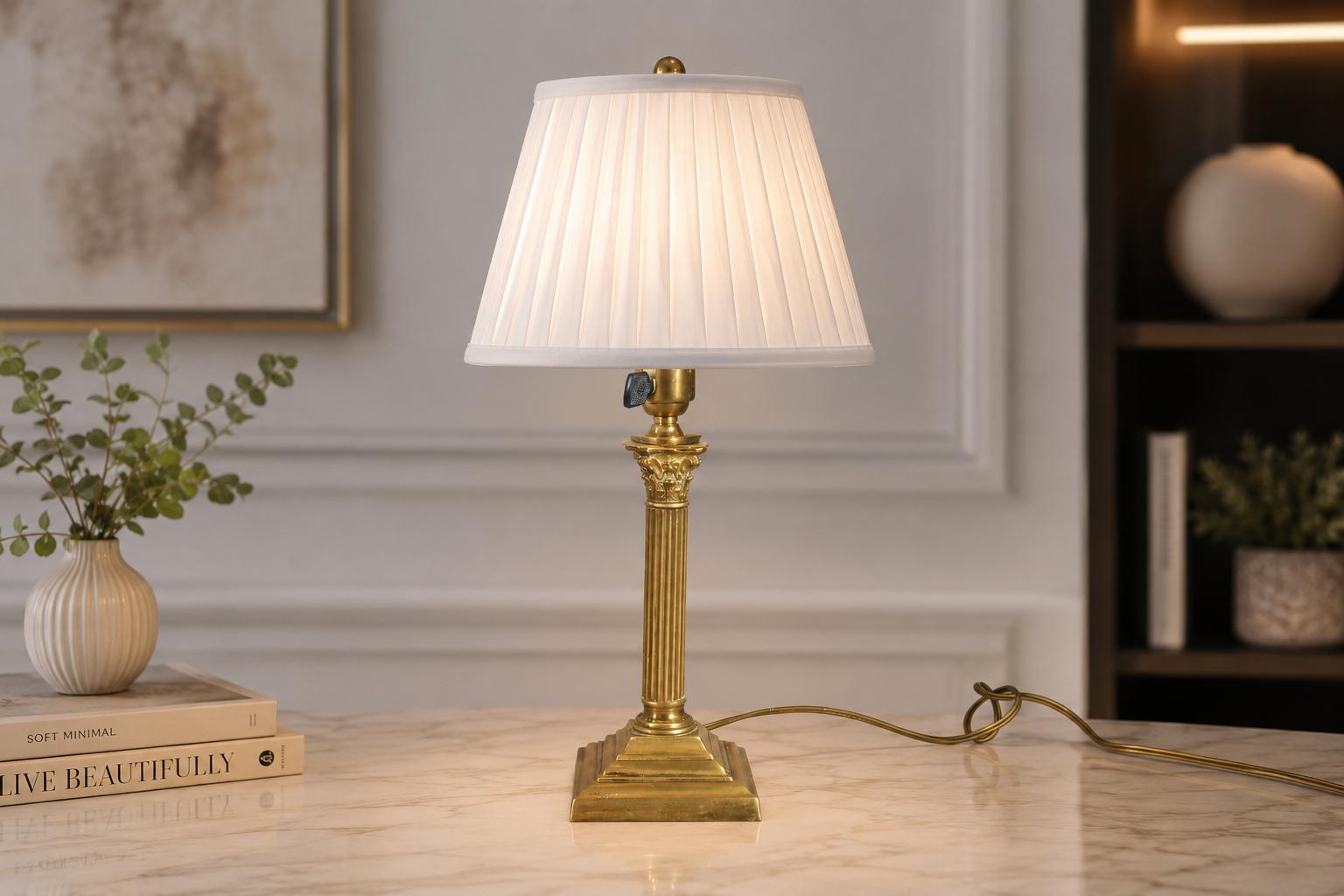 Vintage Patinated Brass Desk Lamp Base, Fluted Column, Corinthian Capital, No Shade, 1950s