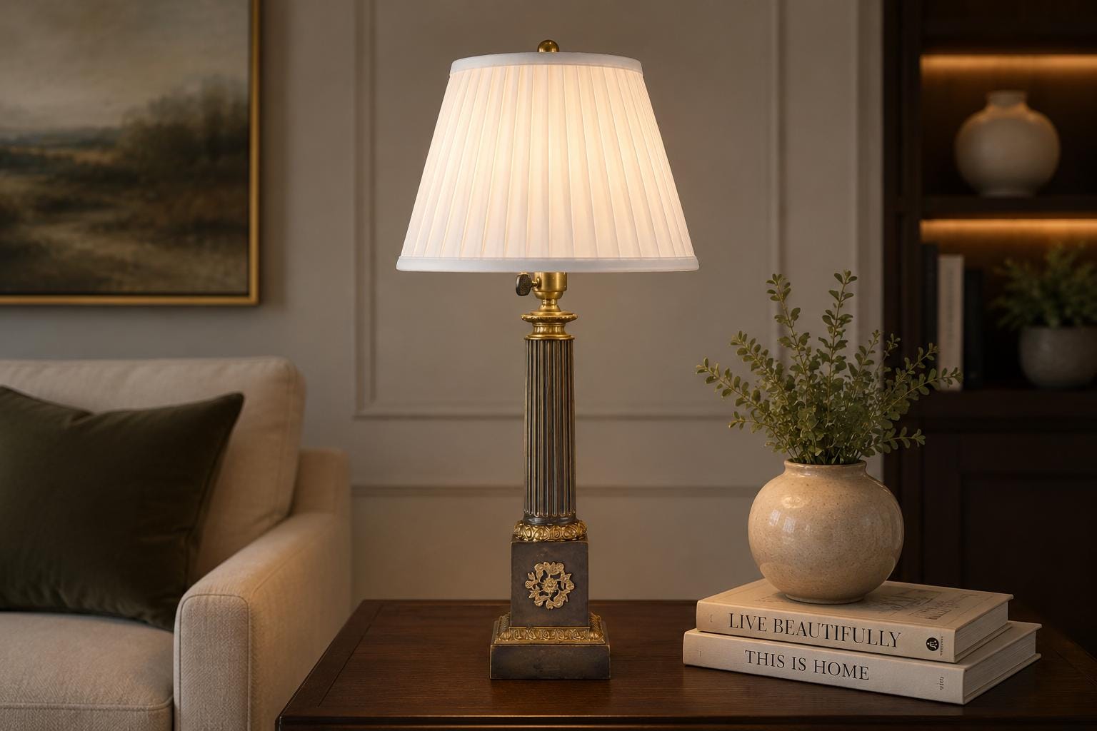 Antique Bronze Column Table Lamp, Gilt Floral Accents, Neoclassical Style, 19th Century