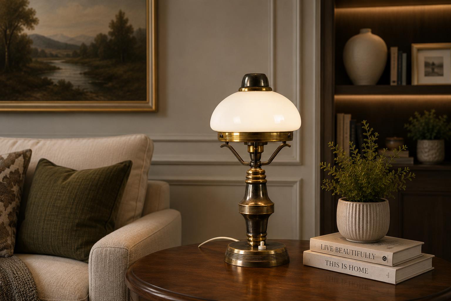 Vintage Brass Table Lamp with White Opaline Glass Dome Shade, Steampunk Style, 1950s