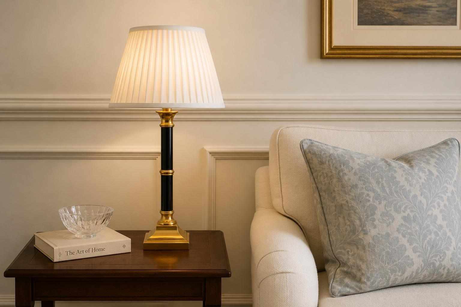 Vintage Column Table Lamp with Pleated Shade, Brass and Dark Metal, 1980s