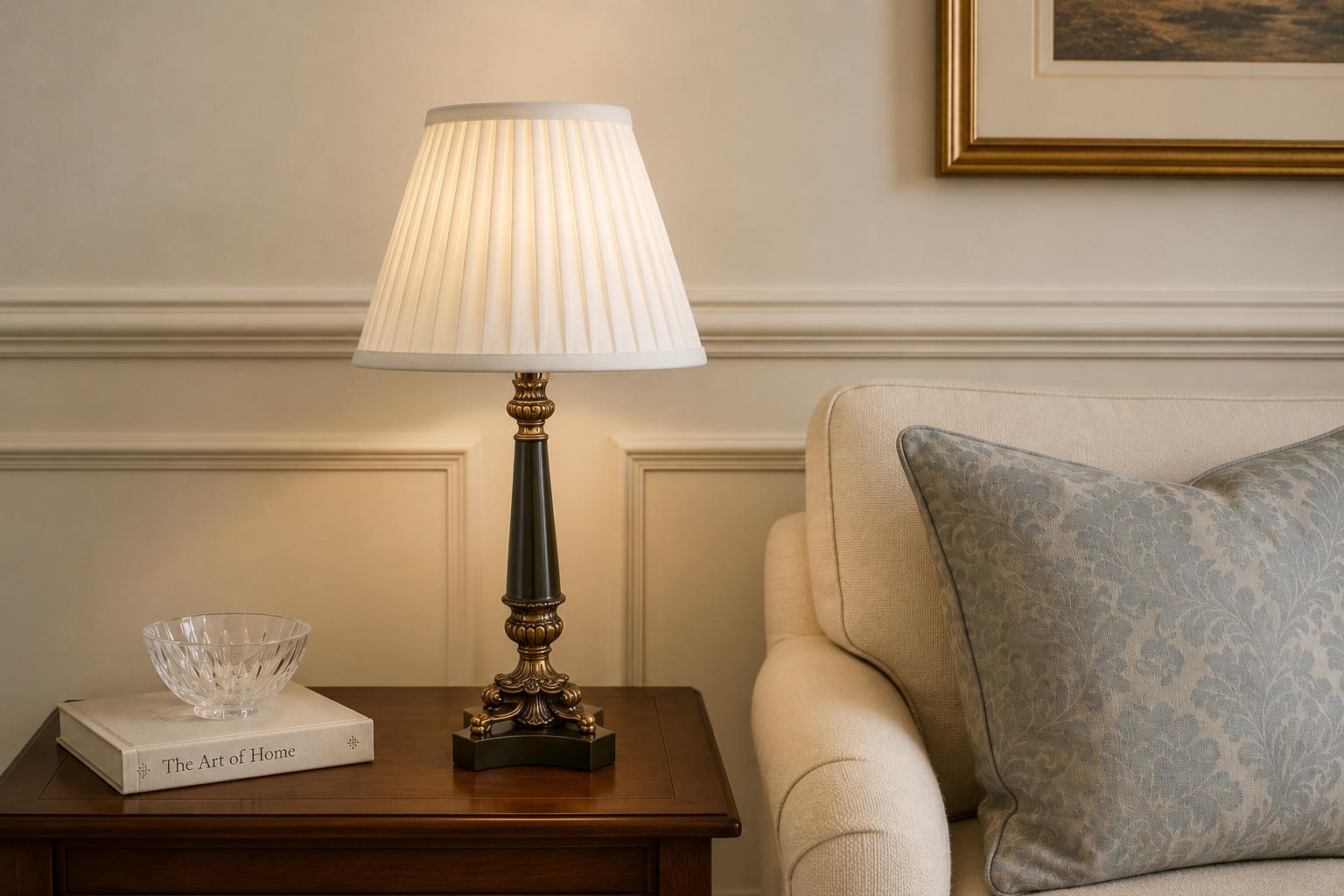 Vintage French Neoclassical Table Lamp, Gold-Toned Base, Green Column, White Pleated Shade