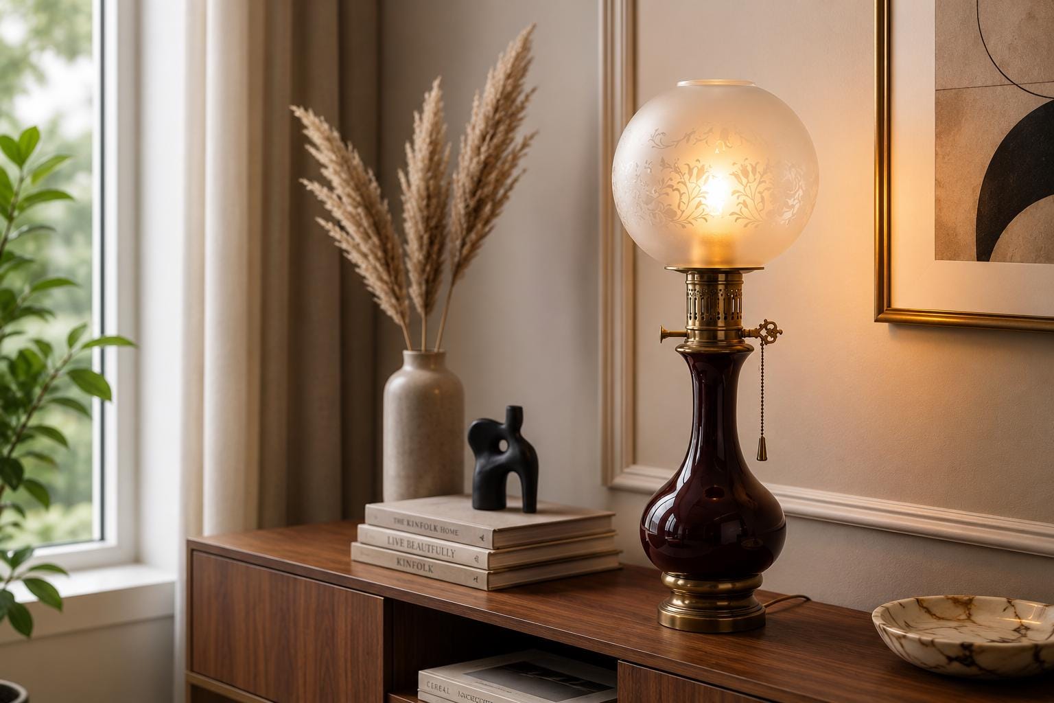 Vintage Glass and Brass Table Lamp, Etched Frosted Glass Globe Shade, 1950s