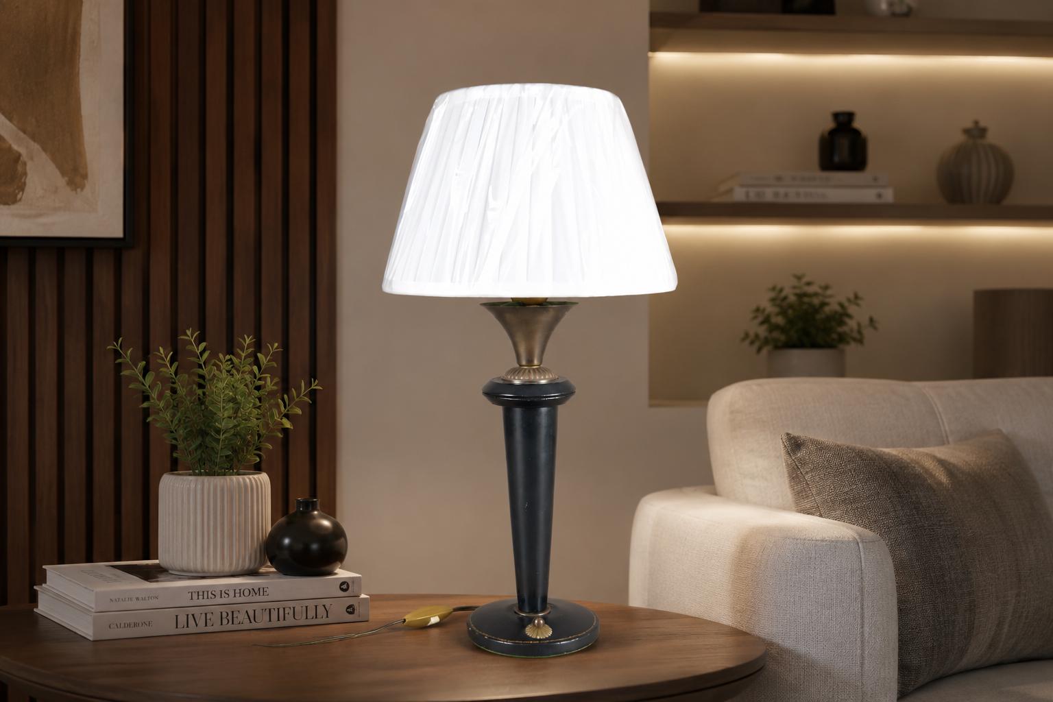 Vintage Navy Blue Leather Table Lamp | 1950s Mid Century Accent Lamp | Leather-Wrapped Brass Base | Rare Design Piece