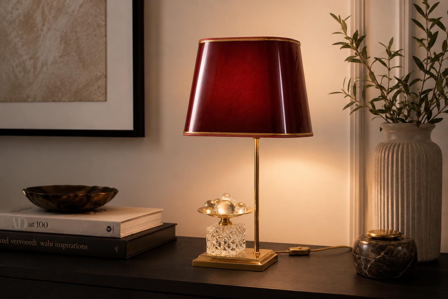 Vintage 1970s French Table Lamp, Red Tole Shade, Cut Glass Base with Glass Fruit Accent