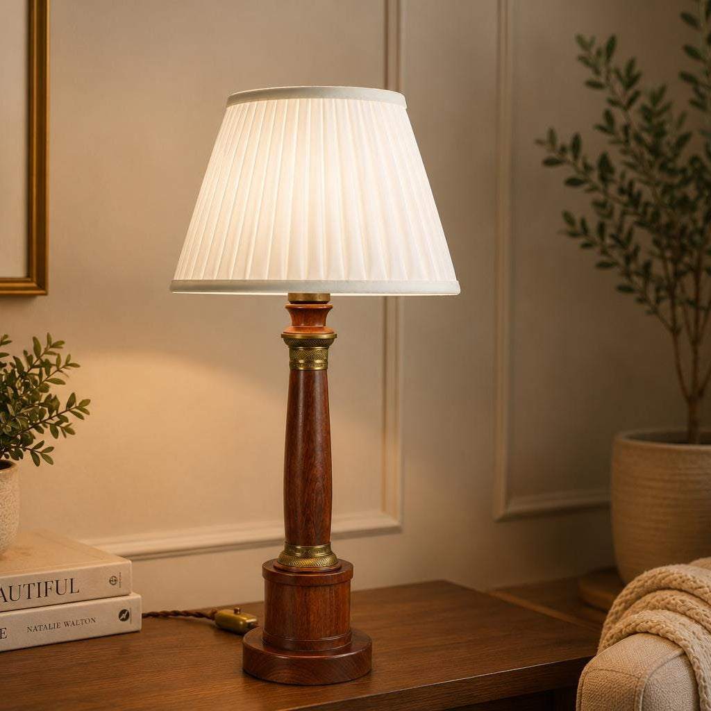 Vintage Turned Wood Column Table Lamp, Brass Collar Accents, Neoclassical Style, 1950s