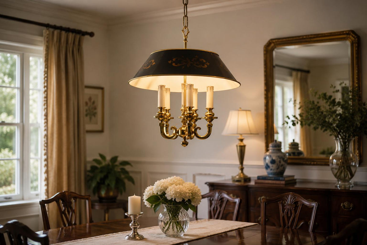 Vintage Brass Five-Light Pendant Chandelier, Bouillotte Style and Painted Tole Shade