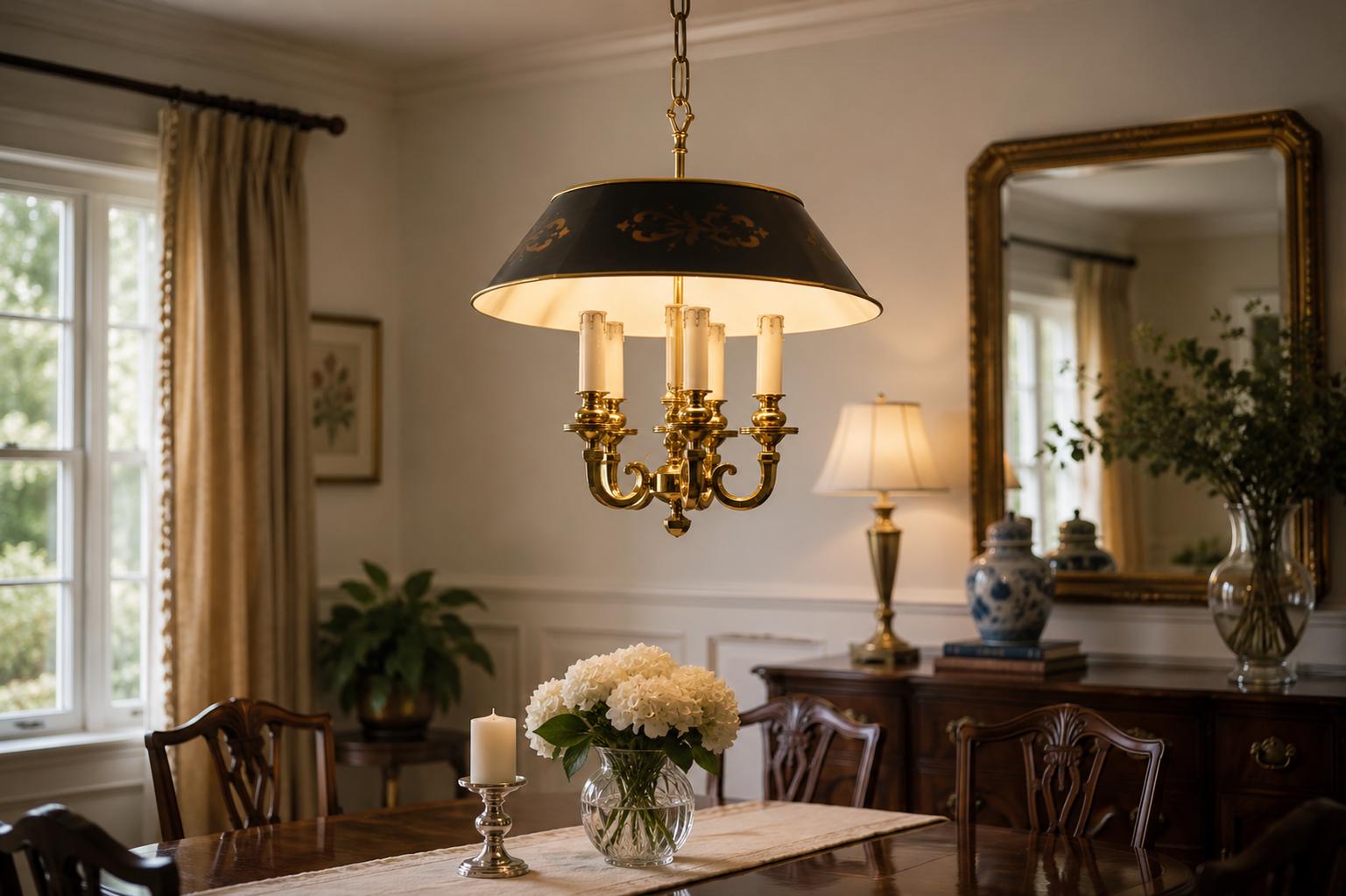 Vintage Brass 5-Light Pendant Chandelier, Bouillotte Style — Painted Tôle Shade, 1980s