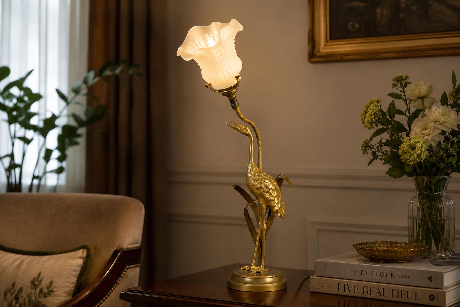 Gilt Crane Table Lamp with Frosted Glass Shade, Hollywood Regency Style