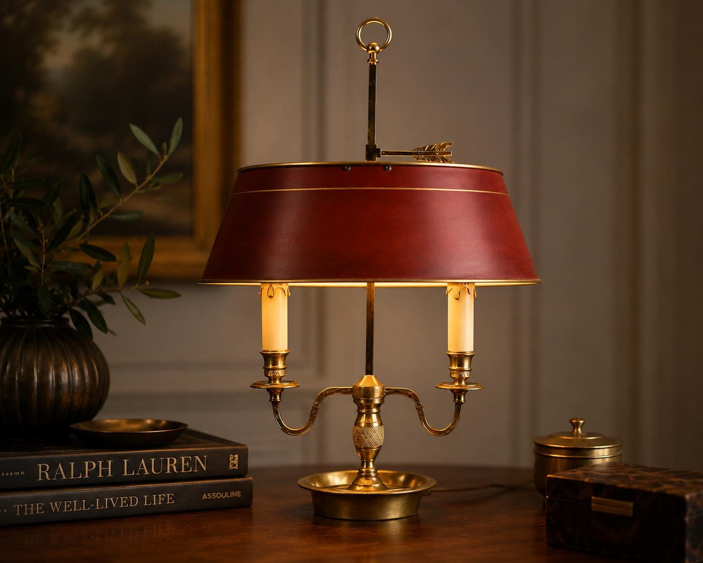 French Bouillotte Lamp, Brass Two-Light Base with Red Tôle Shade, 1930s