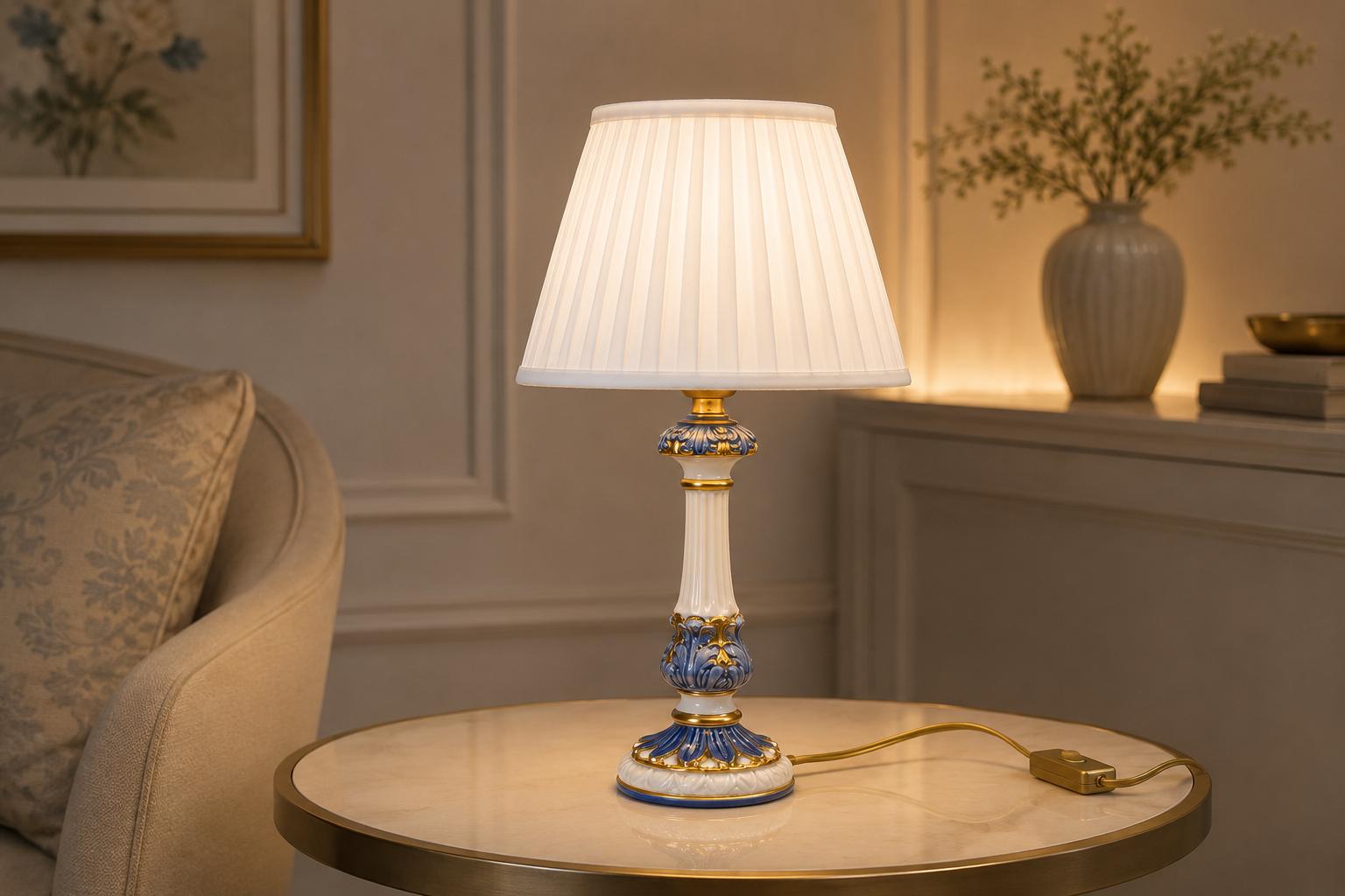 Vintage Blue and White Ceramic Table Lamp, Gilt Fluted Column — Pleated Shade Included
