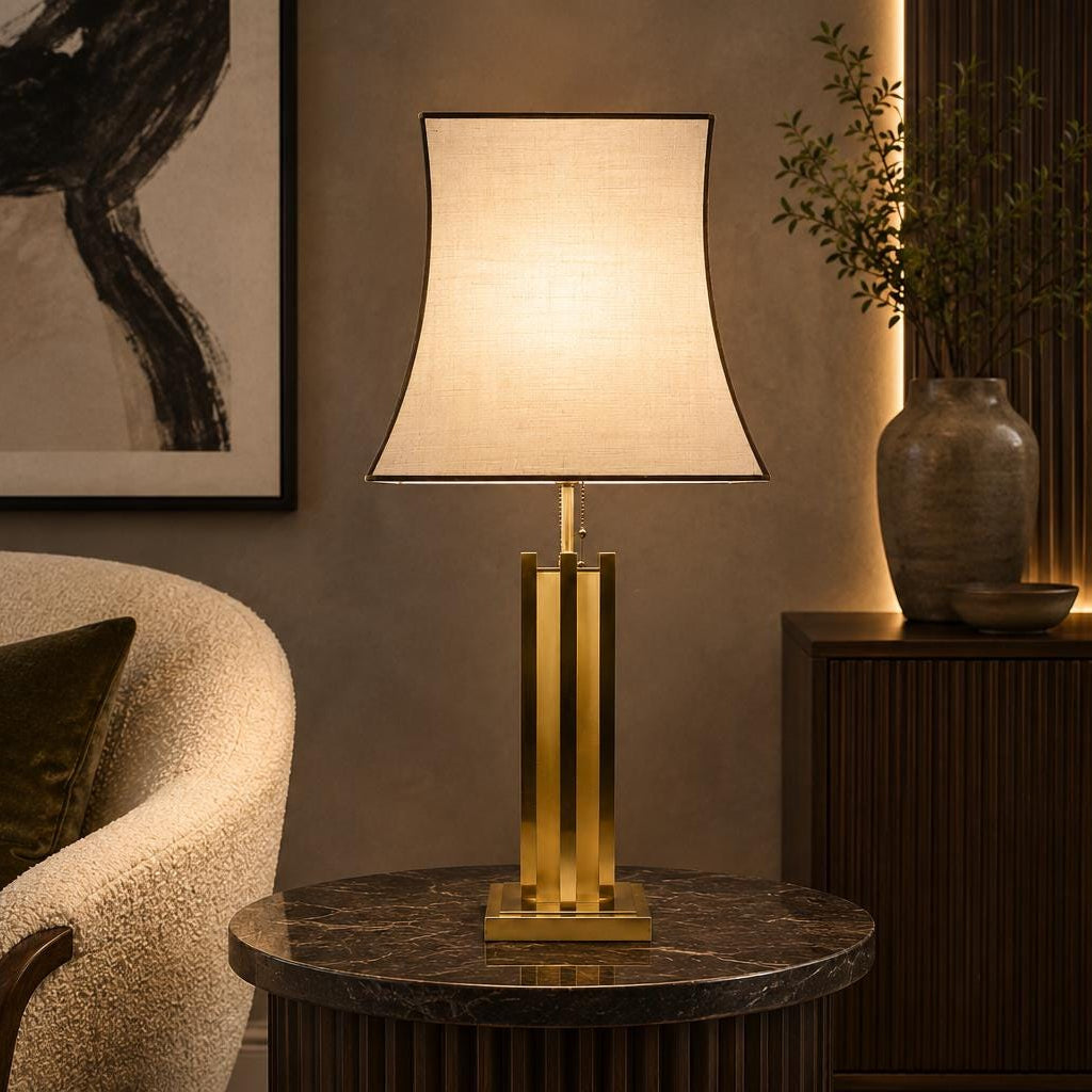 Willy Rizzo Style Brass Table Lamp, 1970s Italy, Skyscraper Column Design, Dual Pull Chain Lamp