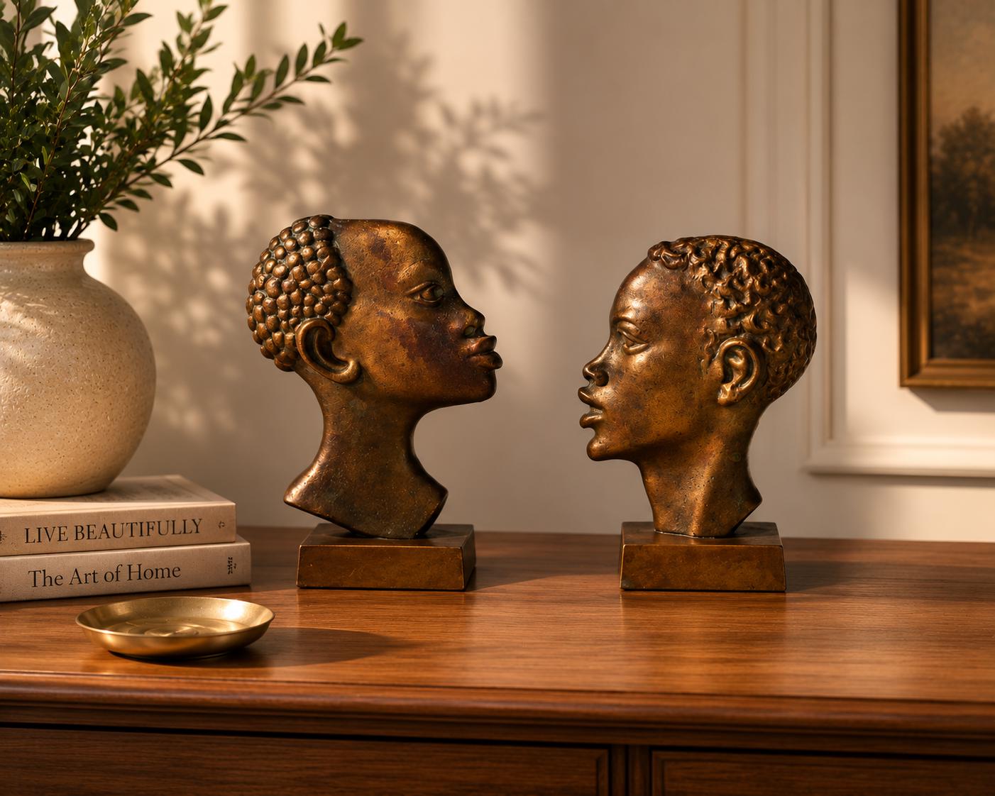 Midcentury Bronze-Toned Head Sculptures, Pair, Hagenauer Style, 1950s