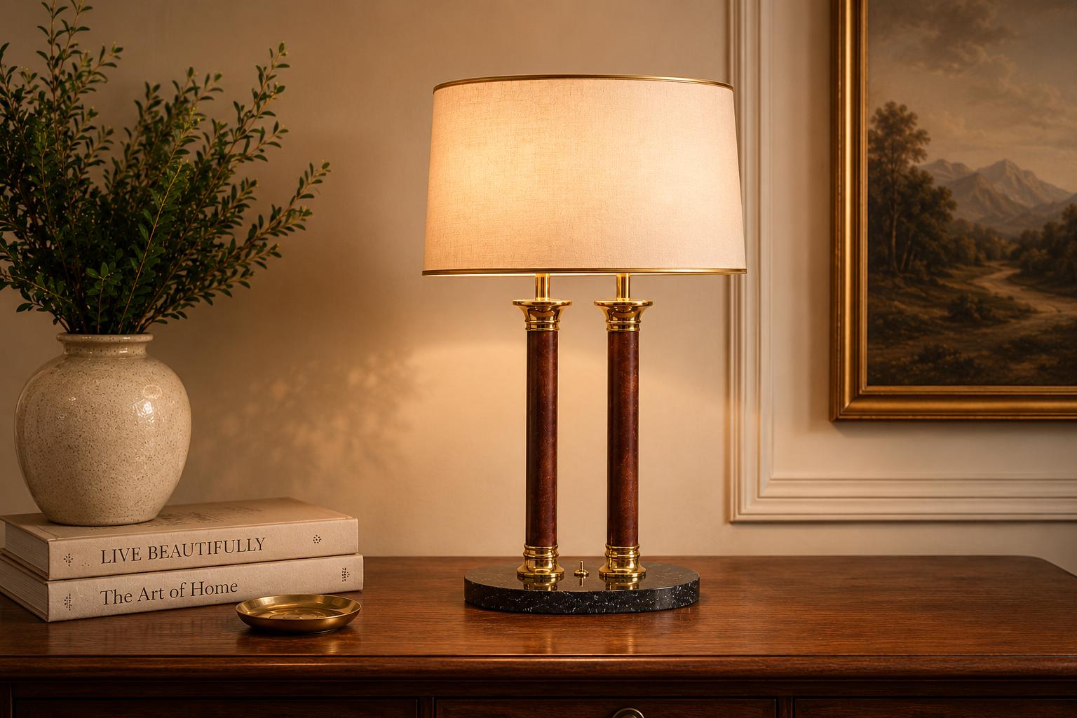 Double Column Table Lamp, Marble Base with Brass Accents — Vintage 1980s