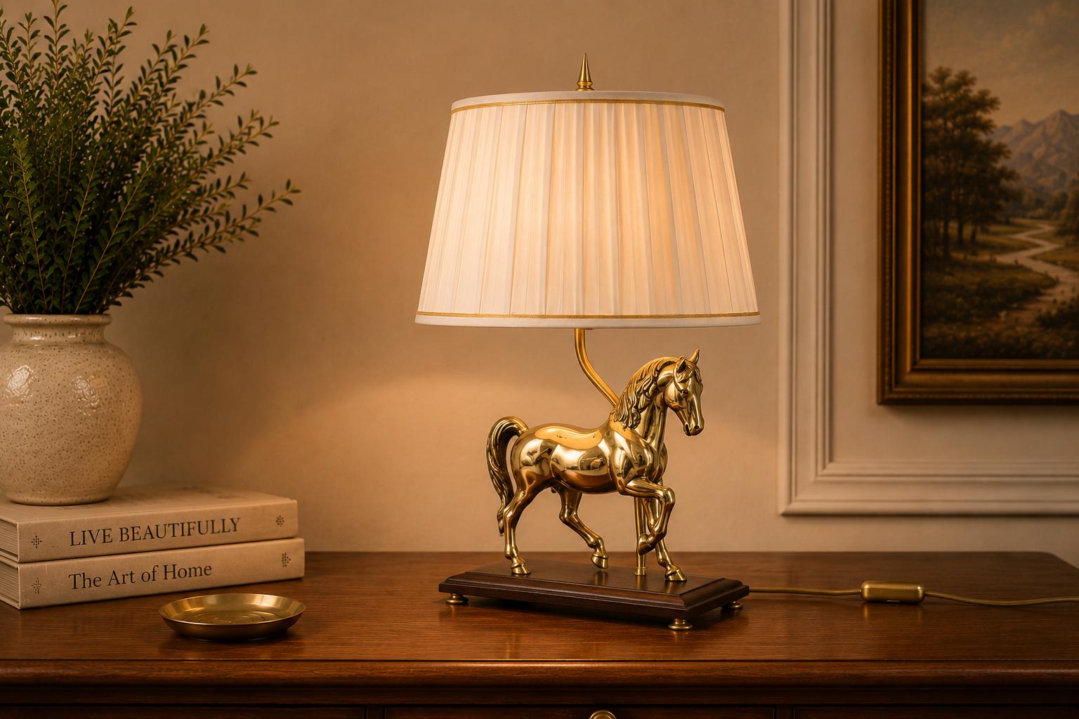 Vintage Brass Horse Table Lamp, Wooden Base, Pleated Shade, Equestrian Style, 1980s