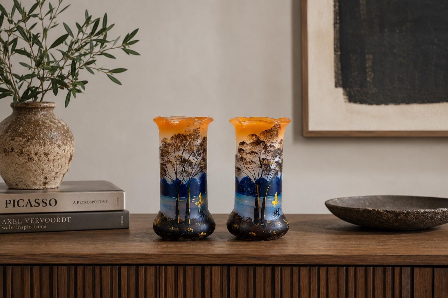 Antique Satin Glass Vase Pair, Hand-Painted Enamel Landscape — French, circa 1900
