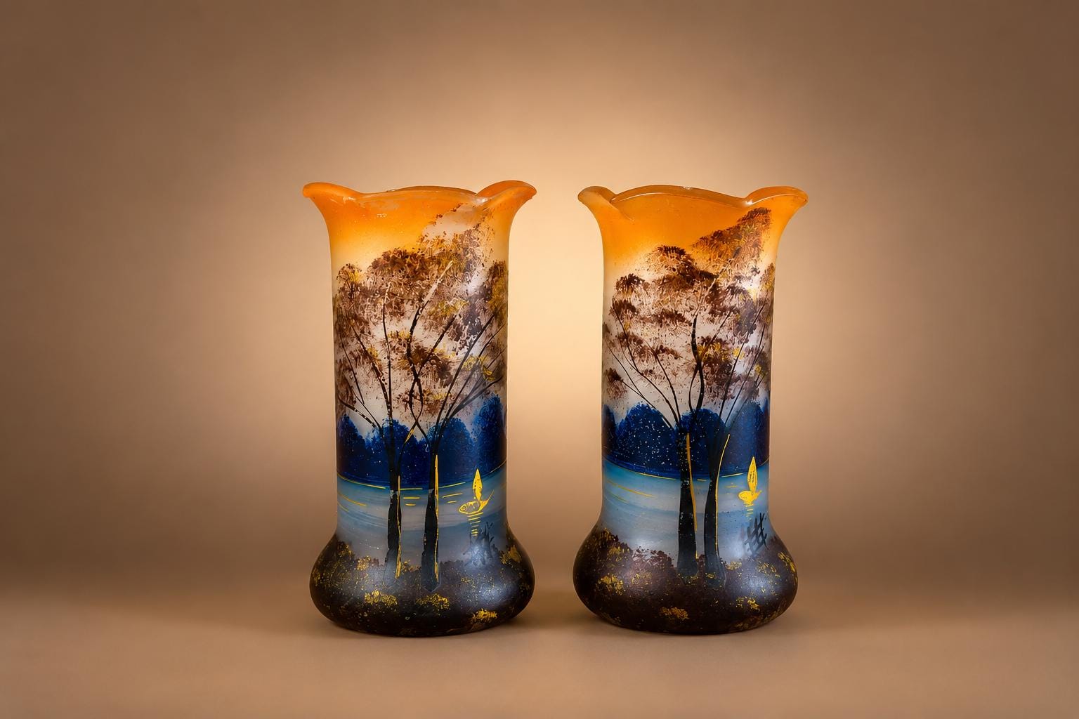 Antique Satin Glass Vase Pair, Hand-Painted Enamel Landscape — French, circa 1900