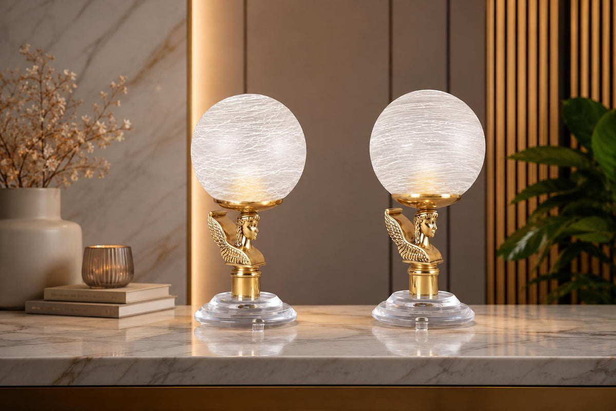 Vintage Brass-Toned Angel Table Lamps, Frosted Glass Globe Shade, Hollywood Regency, 1980s, Pair