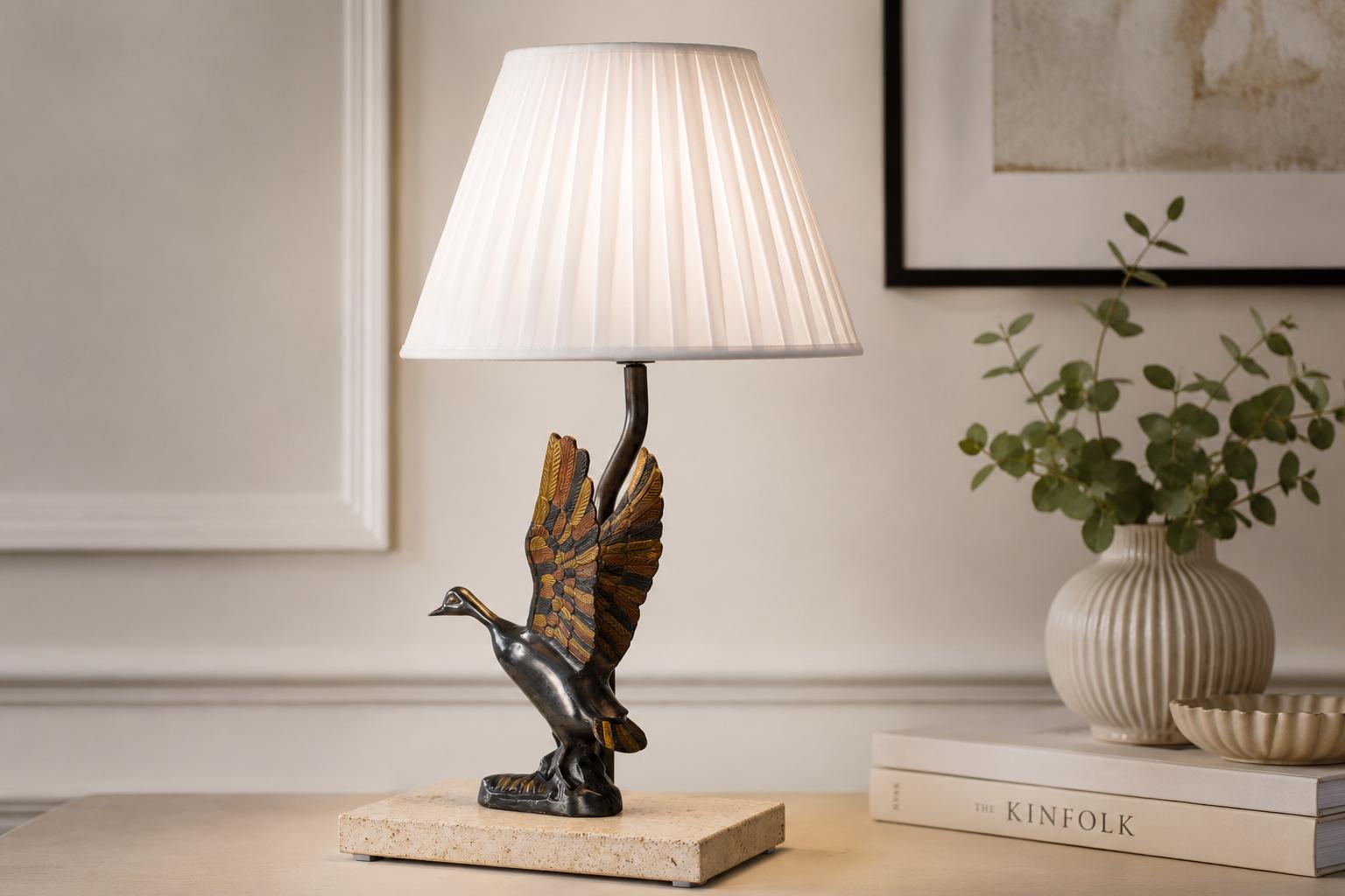 Vintage Duck Desk Lamp, Sculpted Bronze-Toned Metal Bird, Travertine Base, 1970s