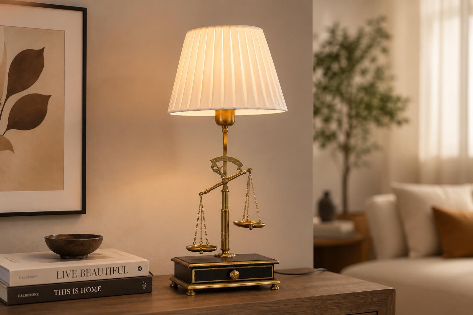 Vintage Brass Scale Lamp, Libra Balance Motif, Drawer Base, Pleated Shade, 1950s
