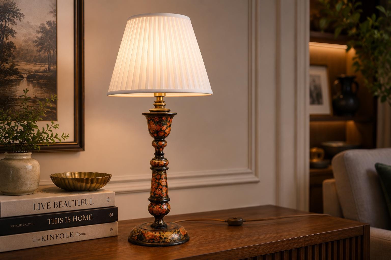 Hand-Painted Kashmiri Wood Lamp Base, 1910s | Vintage Floral Bohemian Accent | Antique Bedside Table Lamp