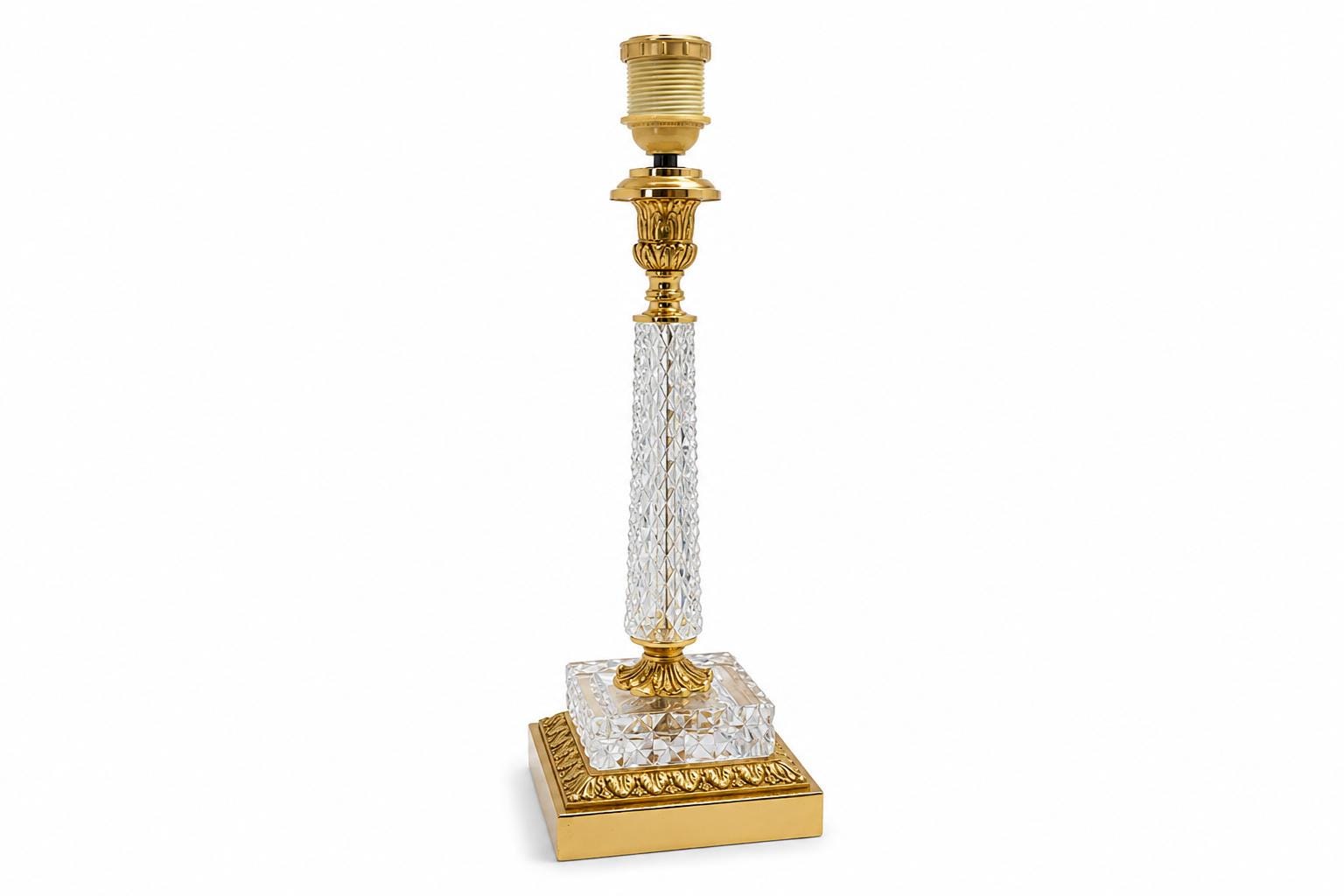 Hollywood Regency Style Cut Glass Table Lamp, Diamond-Cut Column with Brass Fittings