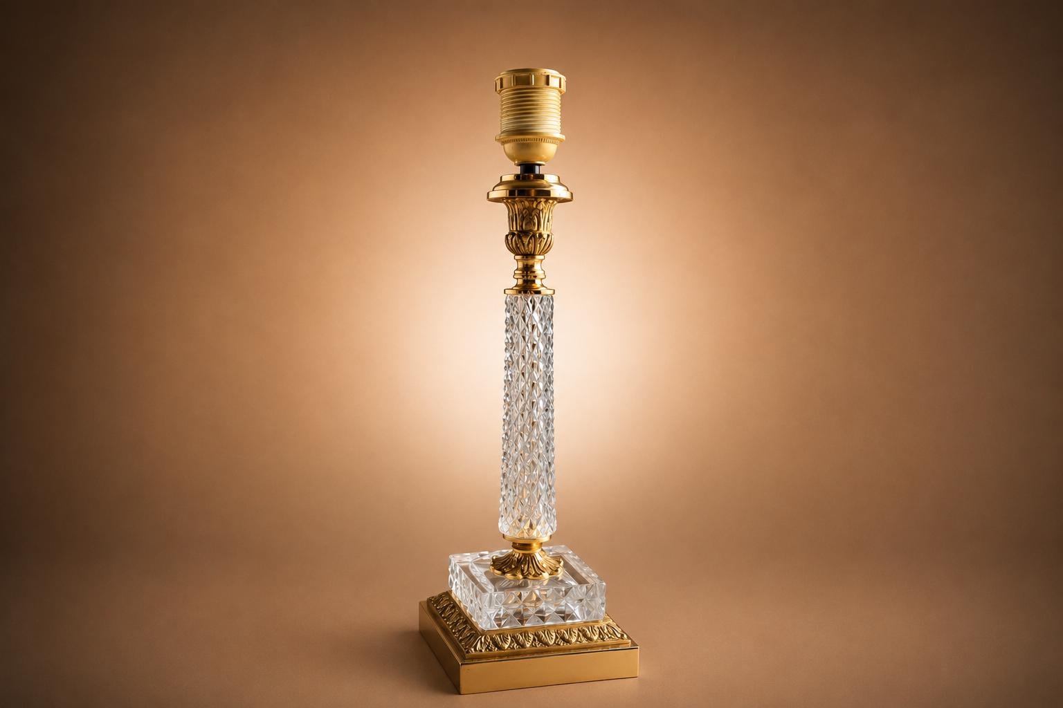 Hollywood Regency Style Cut Glass Table Lamp, Diamond-Cut Column with Brass Fittings