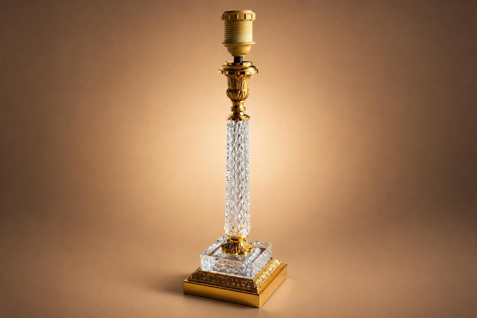 Hollywood Regency Style Cut Glass Table Lamp, Diamond-Cut Column with Brass Fittings