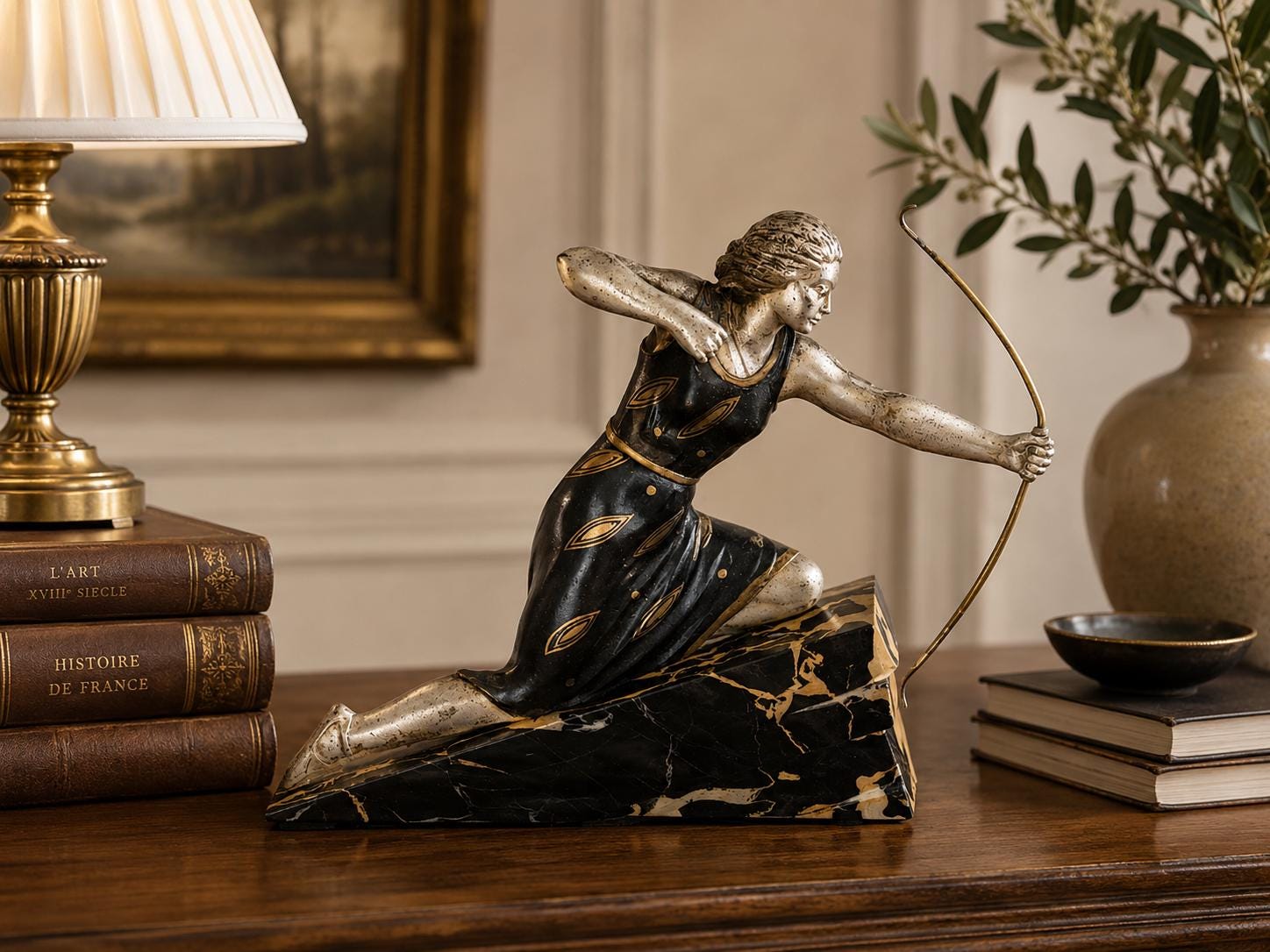 Art Deco Style Diana Huntress Figure, Silver-Tone on Marble Base — 1970s