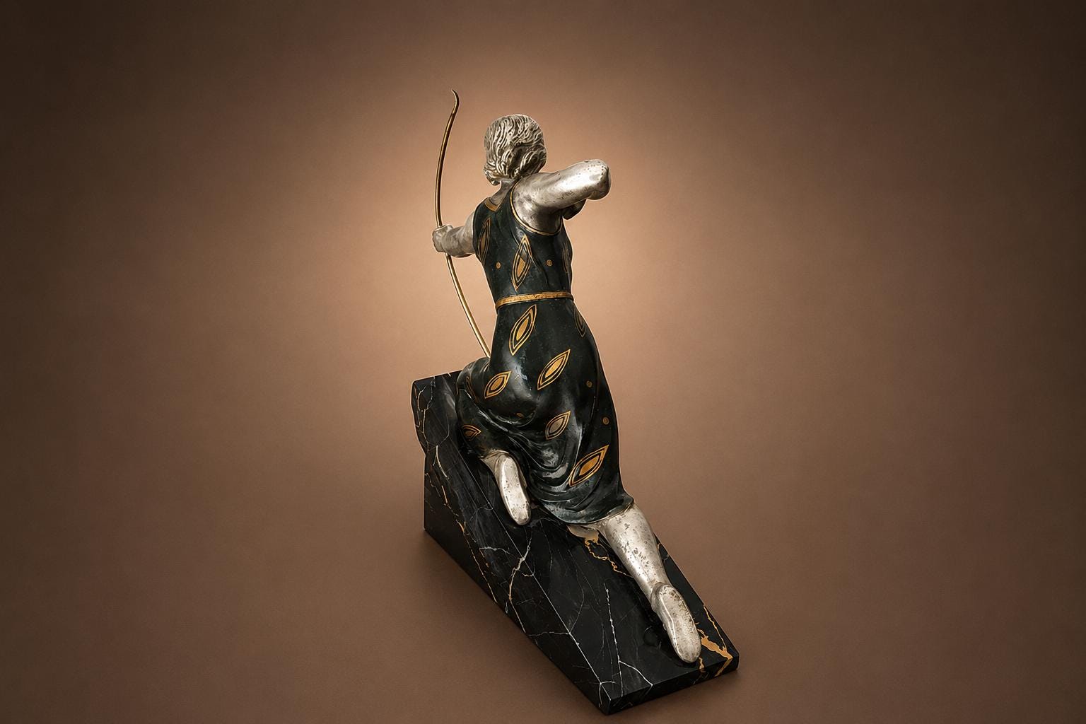 Art Deco Style Diana Huntress Figure, Silver-Tone on Marble Base — 1970s
