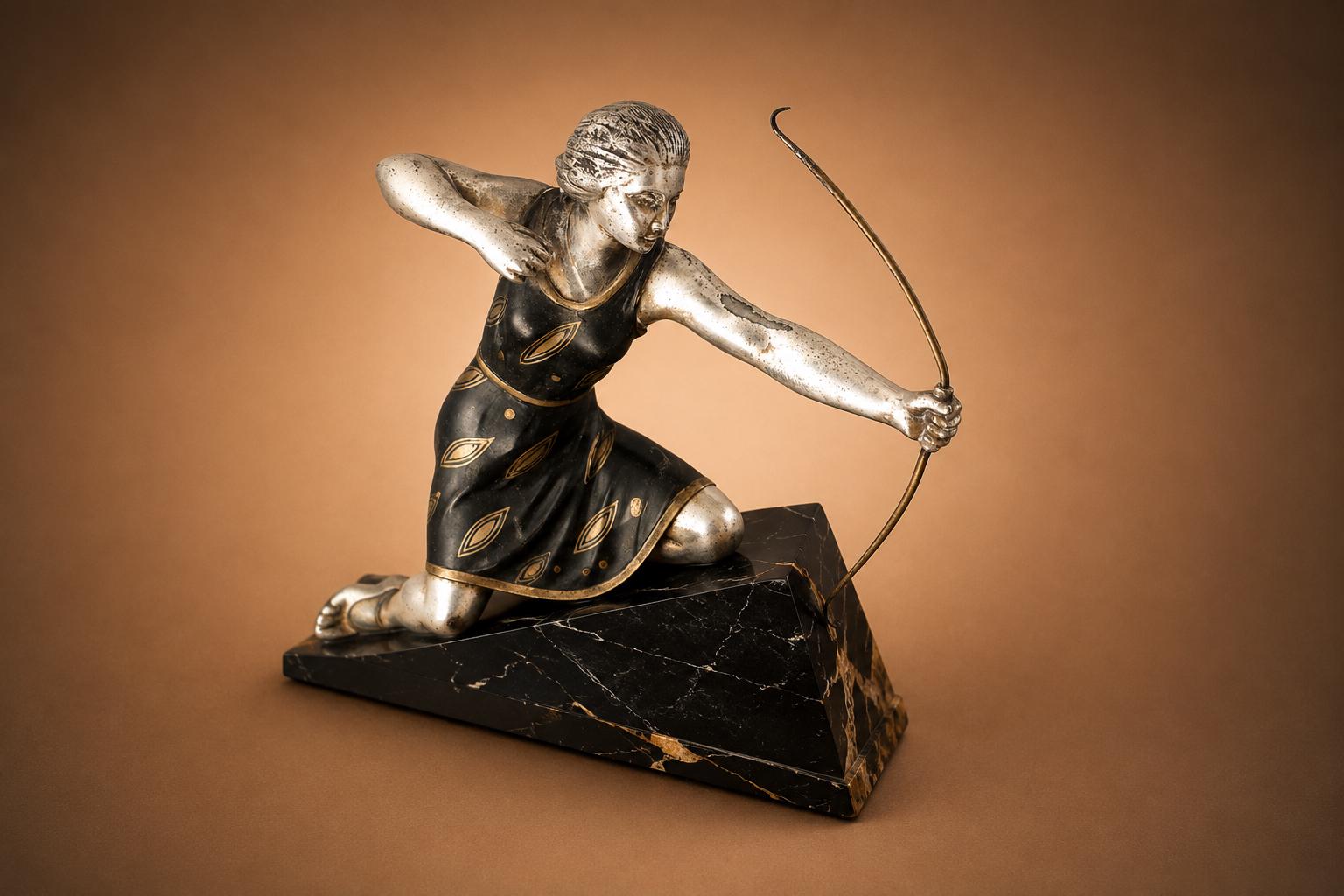 Art Deco Style Diana Huntress Figure, Silver-Tone on Marble Base — 1970s