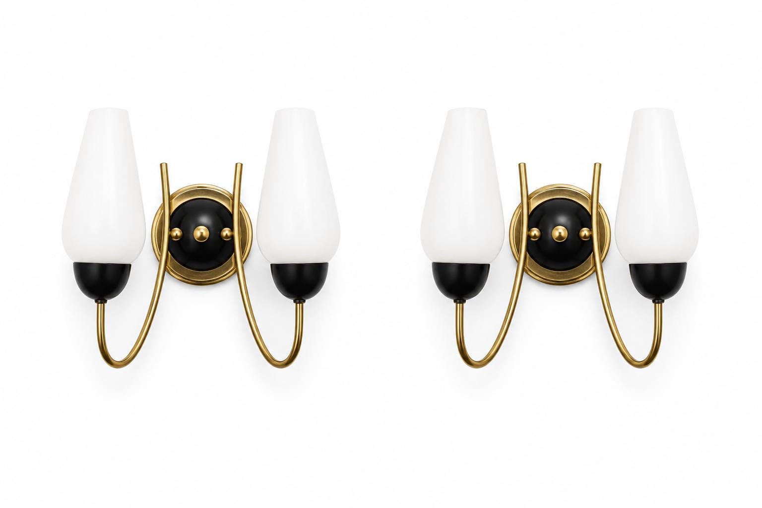 Set of French 1950s Brass Wall Sconces, White Opaline Tulip Shades