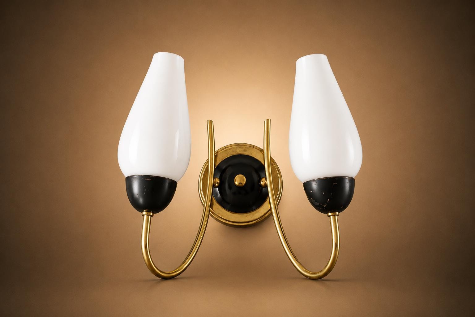 Set of French 1950s Brass Wall Sconces, White Opaline Tulip Shades
