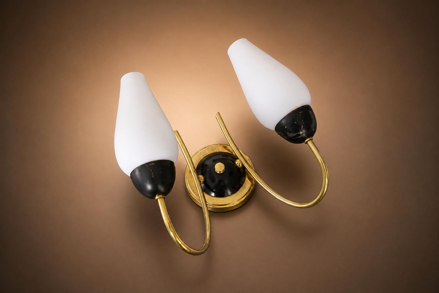 Set of French 1950s Brass Wall Sconces, White Opaline Tulip Shades