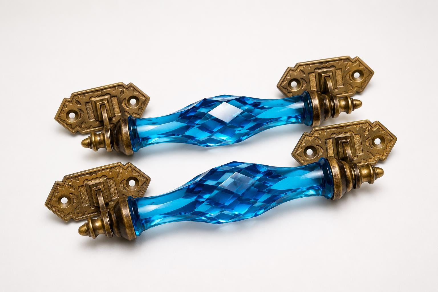 Vintage Cobalt Blue Cut Glass Door Pull, Faceted Glass Handle with Brass Hardware, Pair