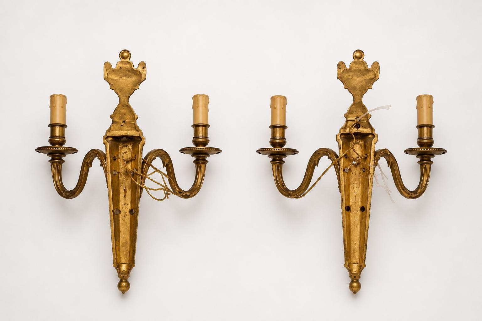 Vintage Brass Double-Arm Wall Sconces, Urn Finial Backplate, Pair, 1950s