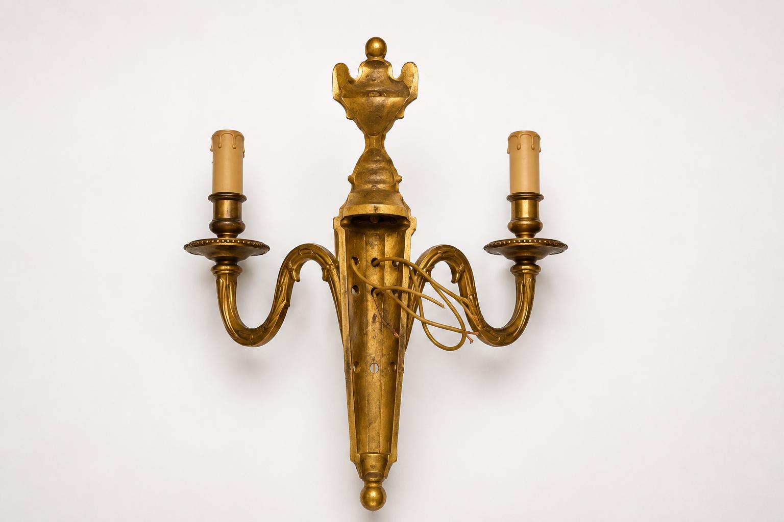 Vintage Brass Double-Arm Wall Sconces, Urn Finial Backplate, Pair, 1950s