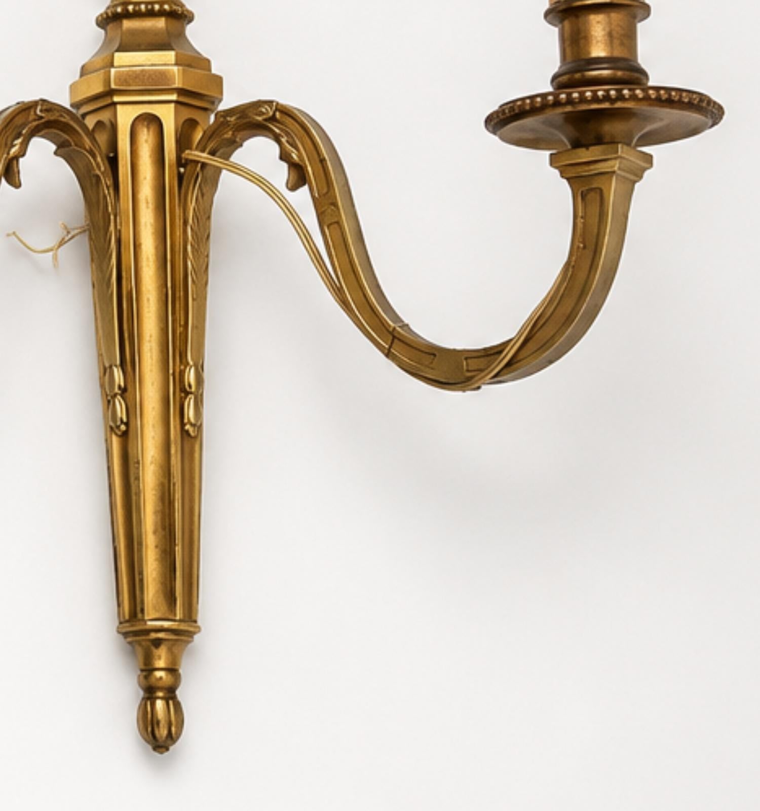 Vintage Brass Double-Arm Wall Sconces, Urn Finial Backplate, Pair, 1950s