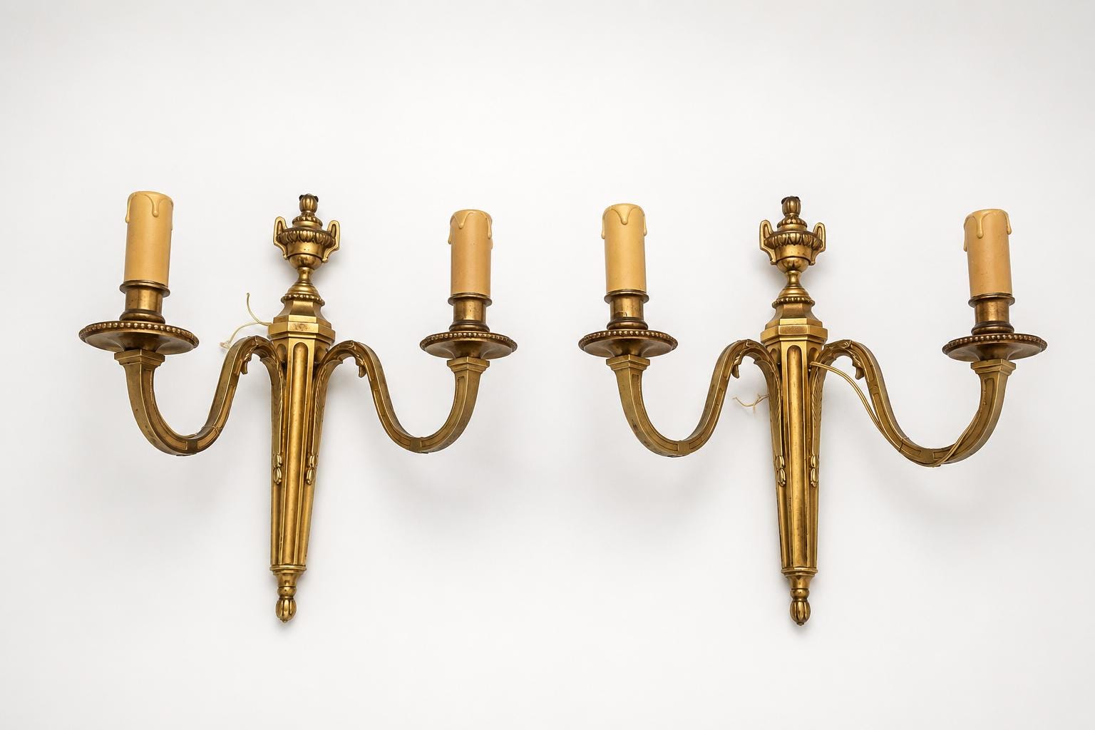 Vintage Brass Double-Arm Wall Sconces, Urn Finial Backplate, Pair, 1950s