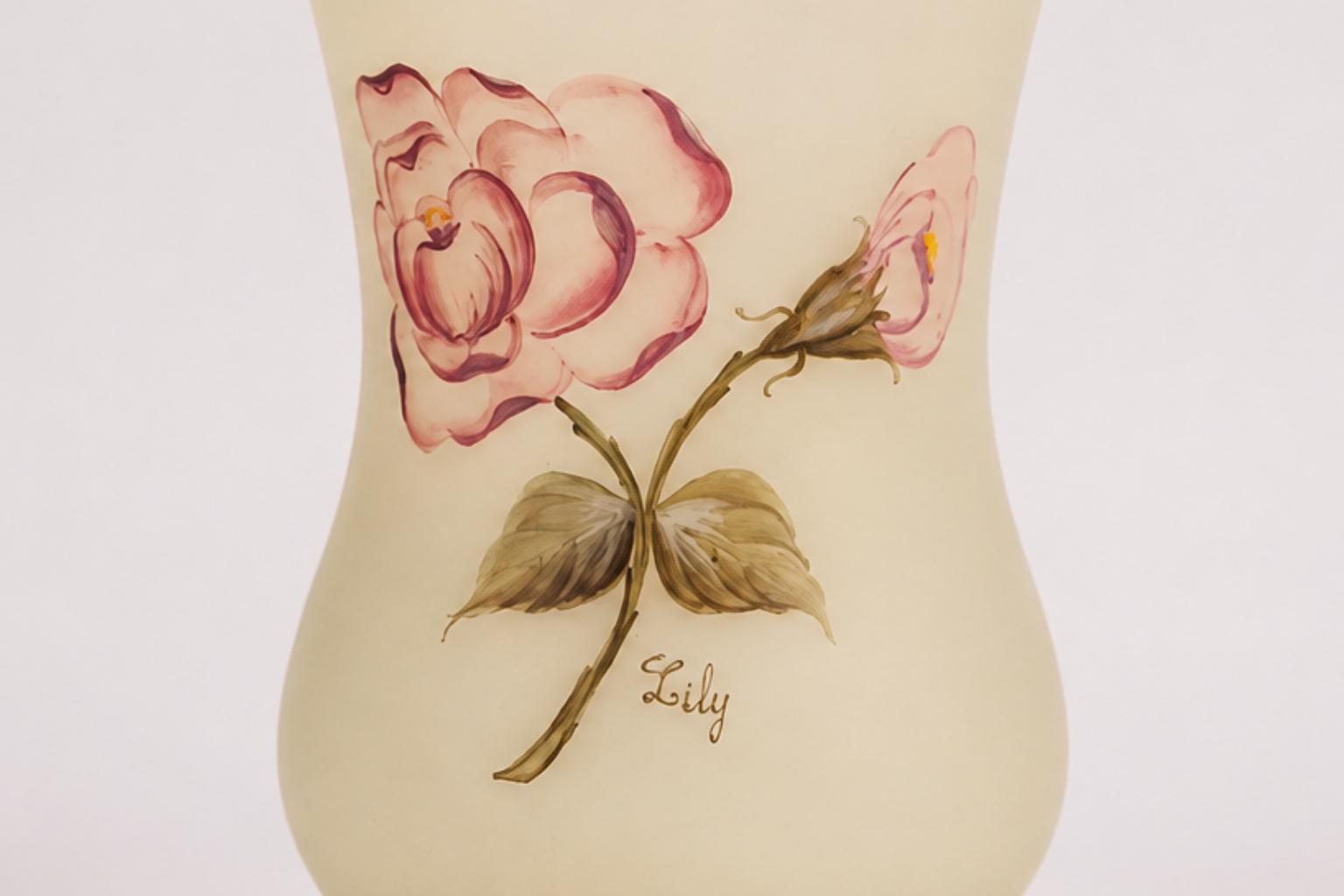 Vintage Signed "Lily" Art Deco Frosted Glass Vase, Hand-Painted Pink Roses, 1930s
